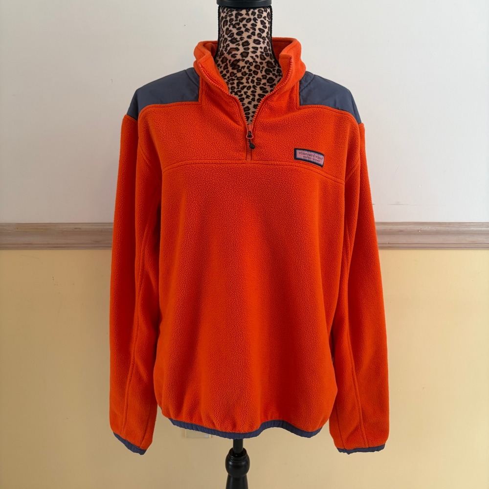 Vineyard Vines Mens Large Orange‎ Fleece Quarter Zip Pullover Blue Trim 09/2013